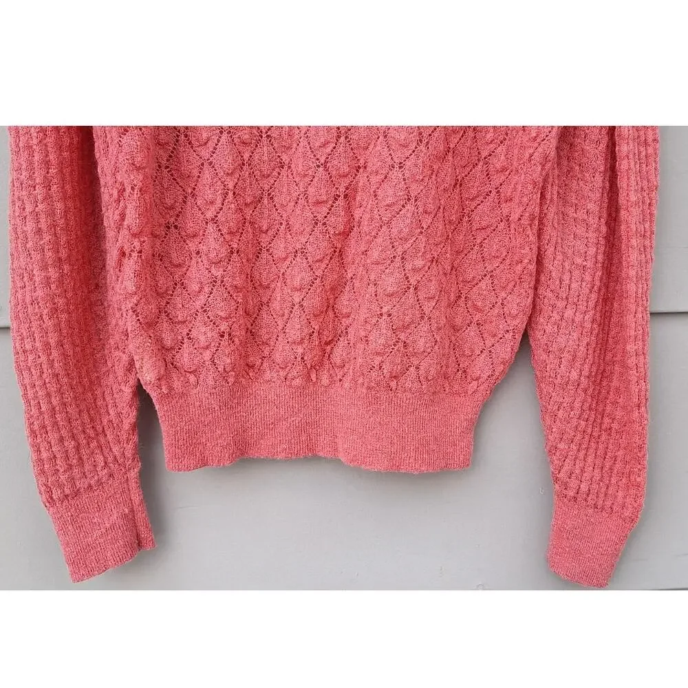 Knitted & Knotted Anthropologie Helga Mock Neck Coral Pink Puff Sleeve Sweater S